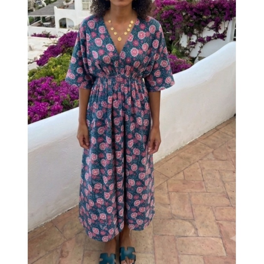 NWT $78 Marigold Block Print Cotton Maxi Dress Resortwear Coastal Blue Floral